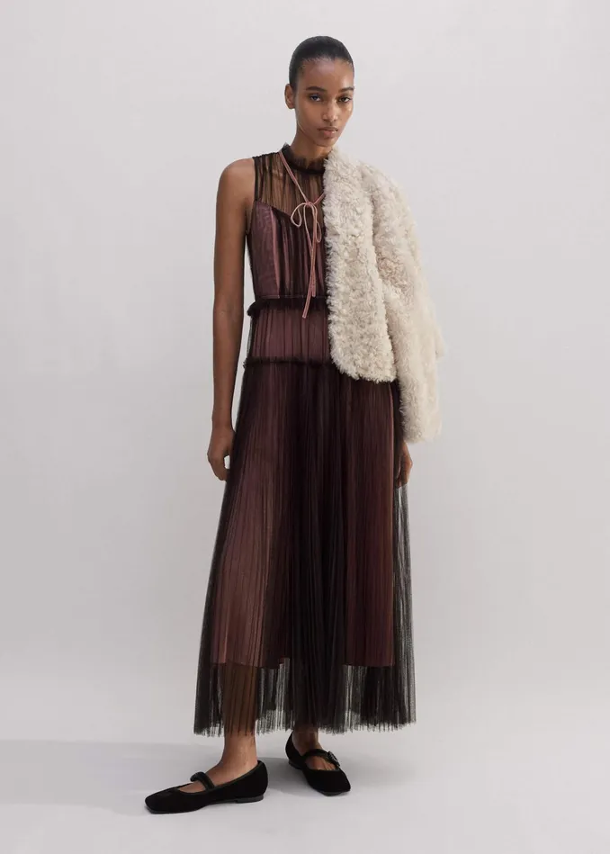 Women Tulle Maxi Dress Tie Chocolate Brownpink MEEM