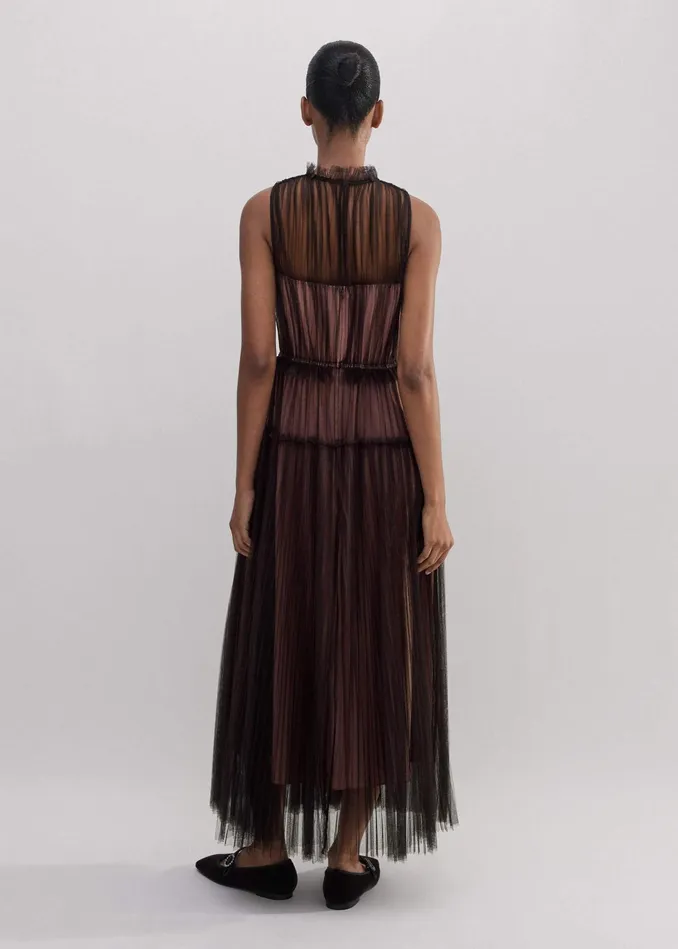 Women Tulle Maxi Dress Tie Chocolate Brownpink MEEM