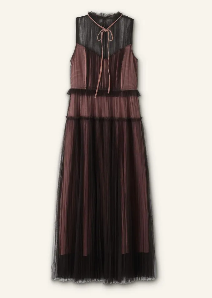 Women Tulle Maxi Dress Tie Chocolate Brownpink MEEM