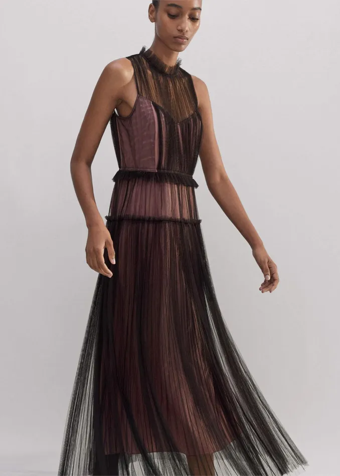 Women Tulle Maxi Dress Tie Chocolate Brownpink MEEM