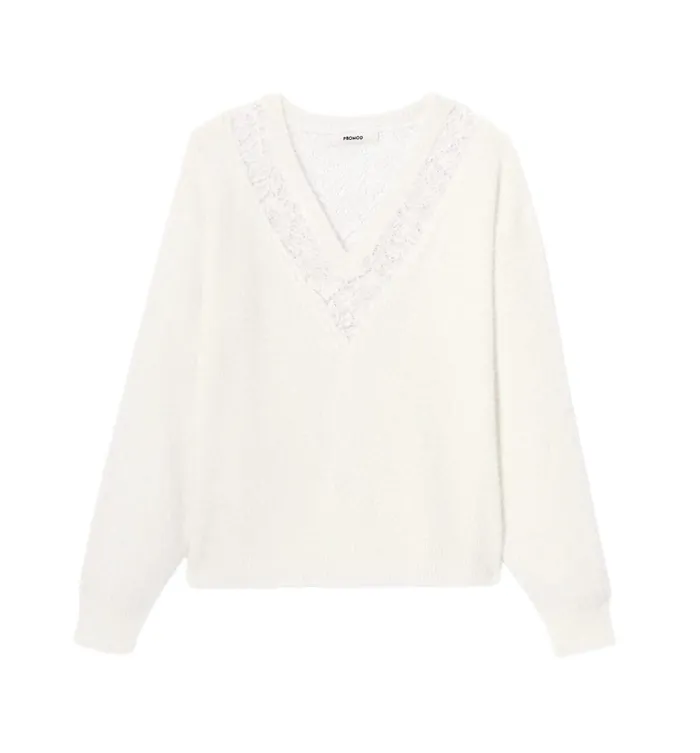 Women VNeck Jumper With Lace 8211 Ecru Promod Jumpers And Cardigans Women VNeck Jumper With Lace 8211 Ecru Promod Jumpers And Cardigans