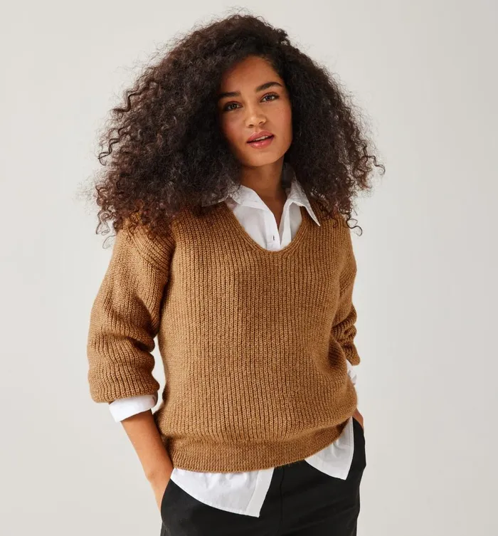 Women VNeck Ribbed Jumper 8211 Chestnut Brown Promod Jumpers And Cardigans