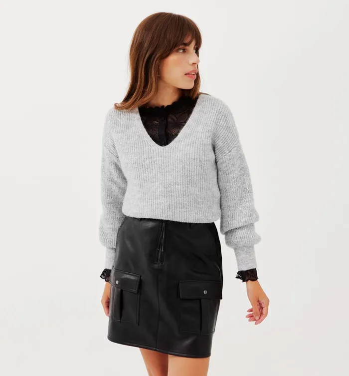 Women VNeck Ribbed Jumper 8211 Light Grey Promod Jumpers And Cardigans