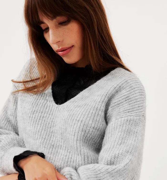 Women VNeck Ribbed Jumper 8211 Light Grey Promod Jumpers And Cardigans Women VNeck Ribbed Jumper 8211 Light Grey Promod Jumpers And Cardigans