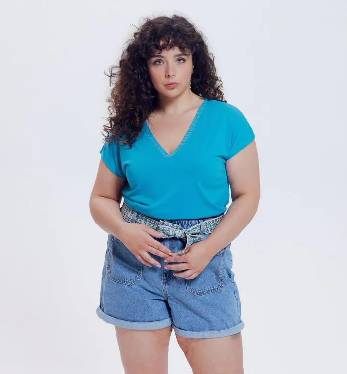 Women VNeck Top With Glitzy Detail 8211 Turquoise Promod Tops