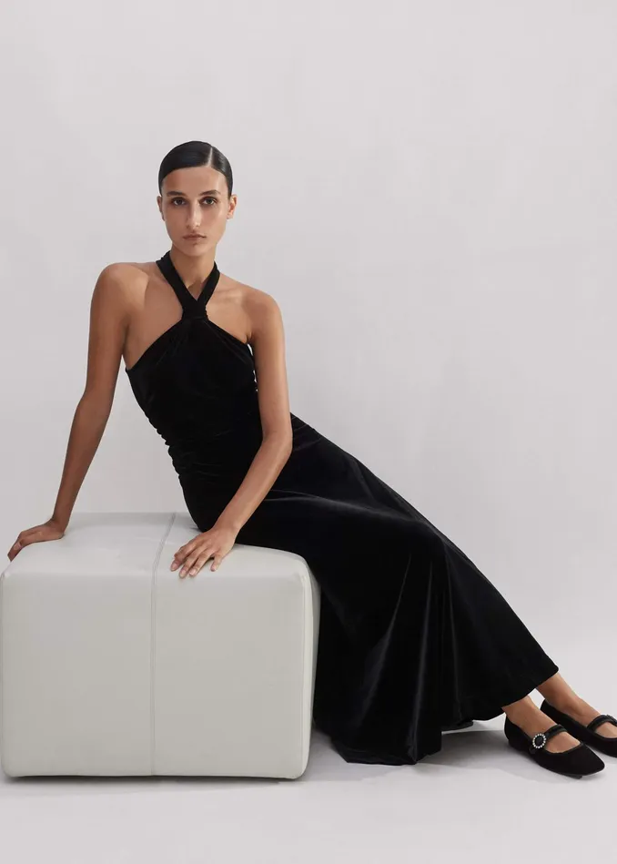 Women Velour Halterneck Maxi Dress Black MEEM