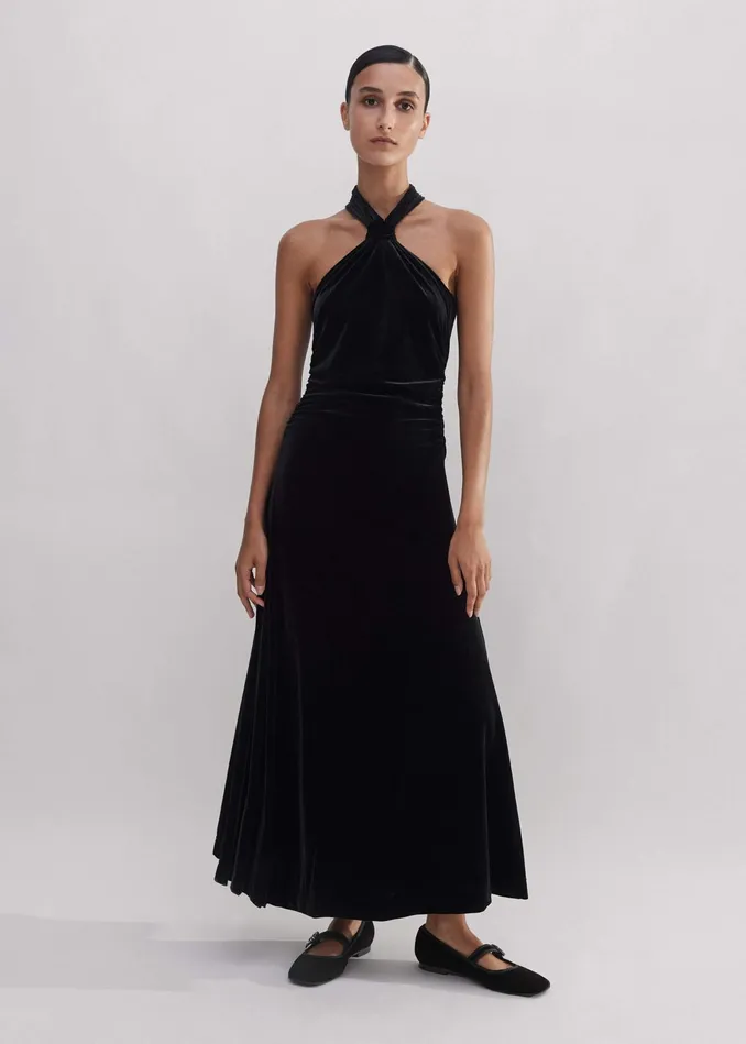 Women Velour Halterneck Maxi Dress Black MEEM