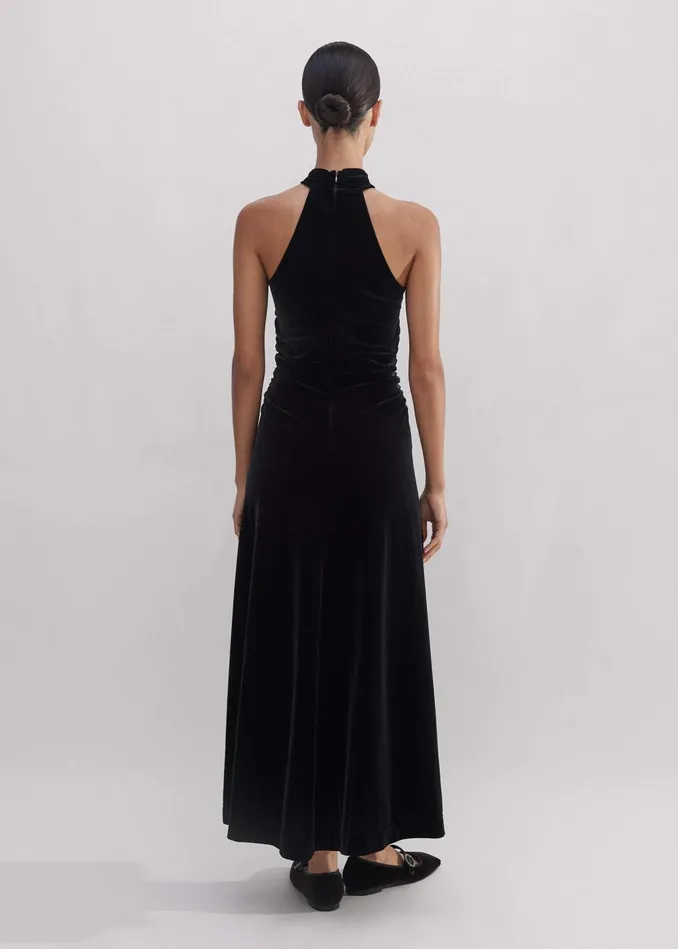 Women Velour Halterneck Maxi Dress Black MEEM
