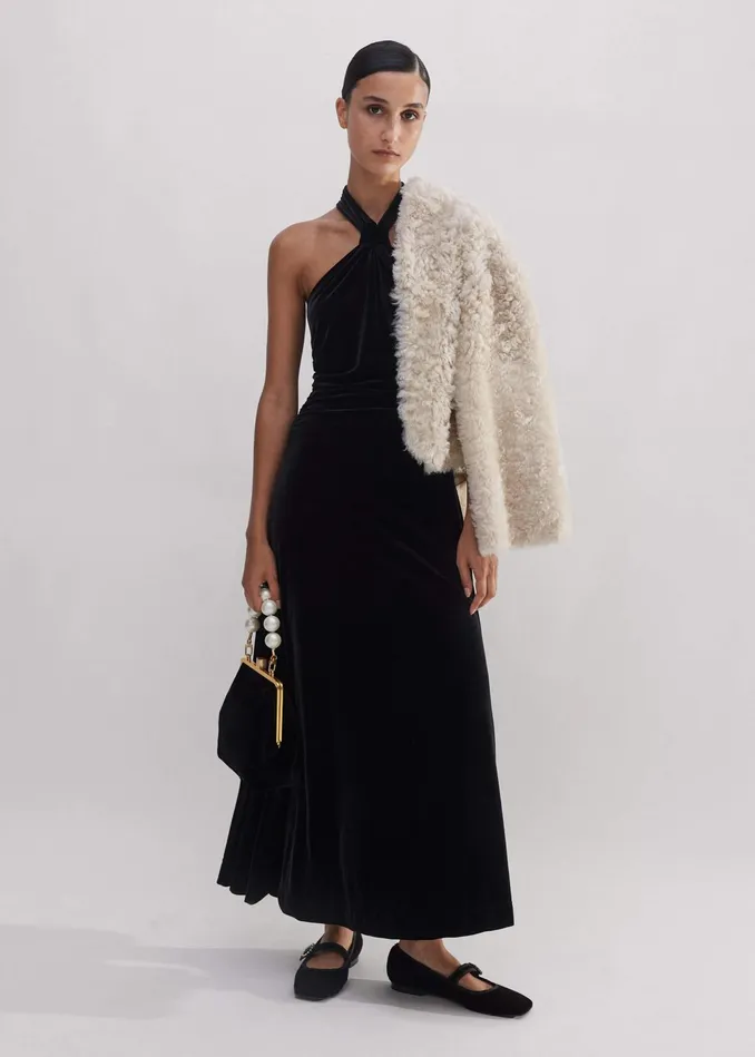 Women Velour Halterneck Maxi Dress Black MEEM