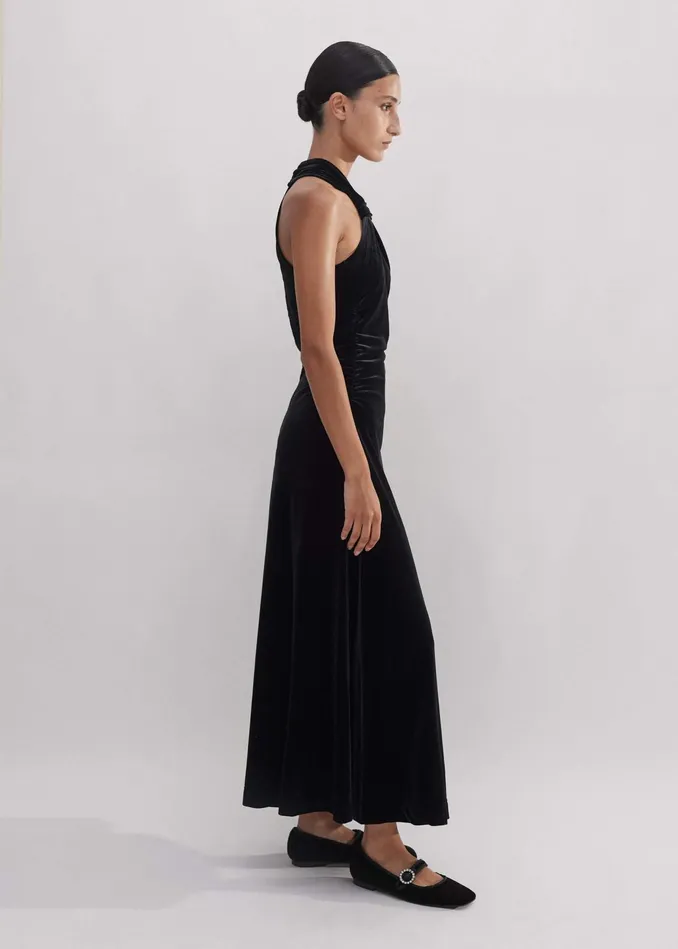 Women Velour Halterneck Maxi Dress Black MEEM