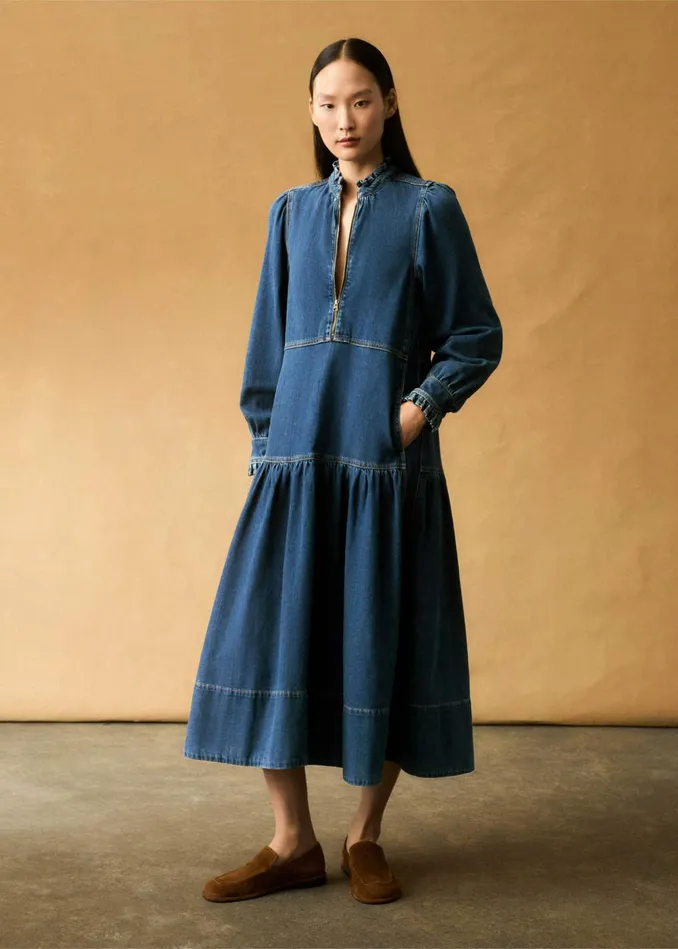 Women Washed Denim Midi Dress Mid Blue MEEM