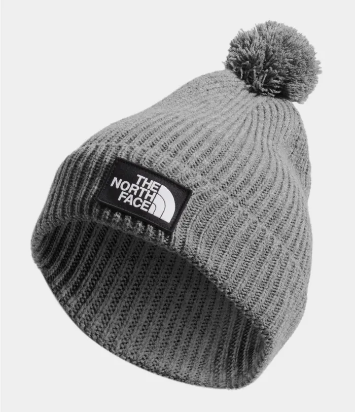 Womens The North Face Beanies and Scarves TNF Logo Box Pom Beanie Tnf Medium Grey Heather